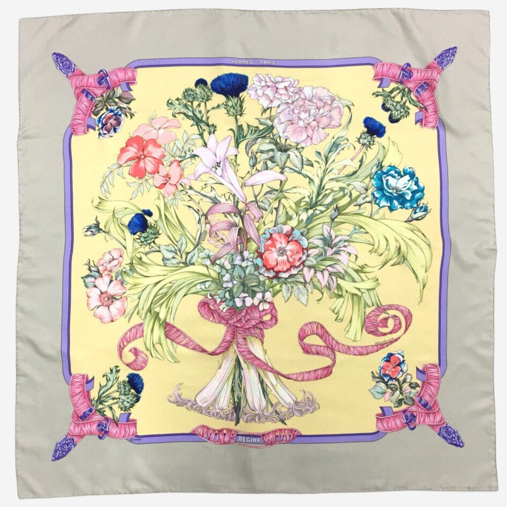 AUTHENTIC Hermes Regina 100% Silk Scarf, Carre 90, Grey, Purple, Hot Pink